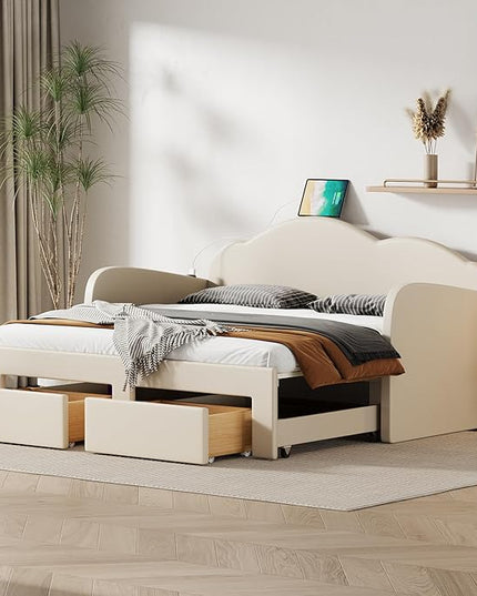 Twin Size Velvet Upholstered Daybed with Cloud-Shaped Backrest and Trundle,Wooden Storage Bed Frame W/Drawers & USB Ports,Convert to King-Size Bed,for Living Room Apartment Beige - LeafyLoom