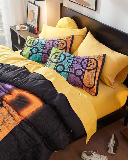 SLEEP ZONE Kids Bedding Comforter Set Full/Queen Size - Super Cute Game Bedding Set for Boys, Girls, Teens - 7 Pieces Set with Comforter, Sheet, Pillowcase & Sham (Game Night) - LeafyLoom