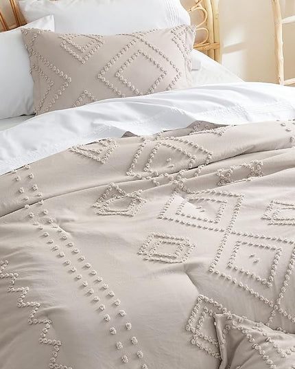 Bedsure Boho Comforter Set Full - Linen Tufted Bedding Comforter Set, 3 Pieces Farmhouse Shabby Chic Embroidery Bedding Set, Soft Geometric Pattern Comforter for All Seasons - LeafyLoom