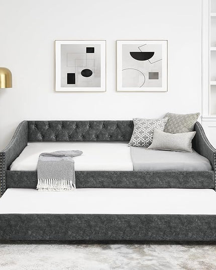 Full Size Upholstered Daybed with Twin Trundle, Wooden Sofa Bed w/Button Tufted Backrest and Waved Shape Arms, No Box Spring Needed, for Living Room, Bedroom, Dorm, Grey - LeafyLoom