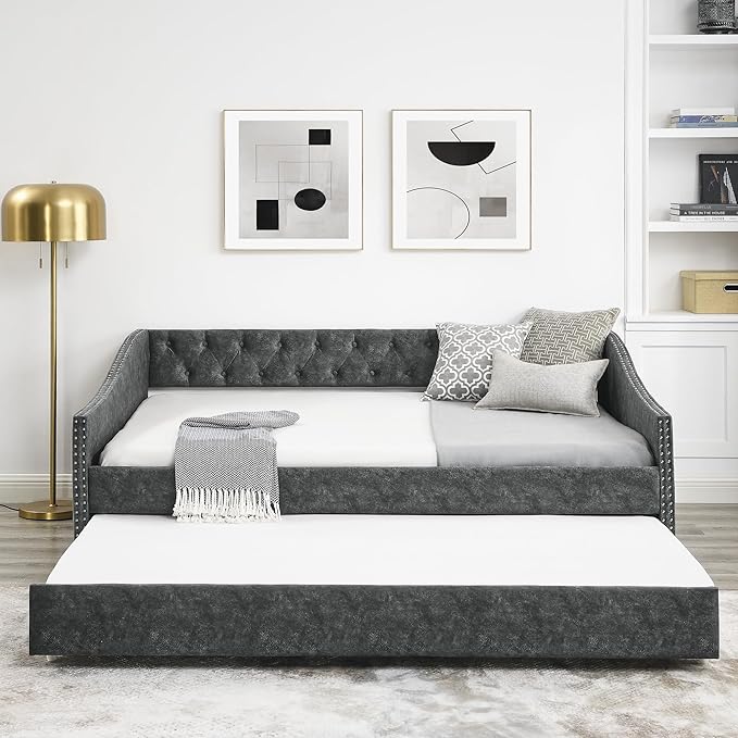 Full Size Upholstered Daybed with Twin Trundle, Wooden Sofa Bed w/Button Tufted Backrest and Waved Shape Arms, No Box Spring Needed, for Living Room, Bedroom, Dorm, Grey - LeafyLoom