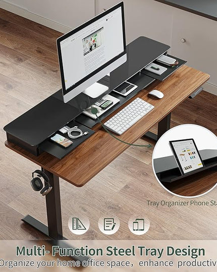 FEZIBO 55 x 24 Inch Height Adjustable Glass Electric Standing Desk with Double Drawer, Stand Up Desk with Storage Shelf, Sit Stand Desk, Black Walnut - LeafyLoom