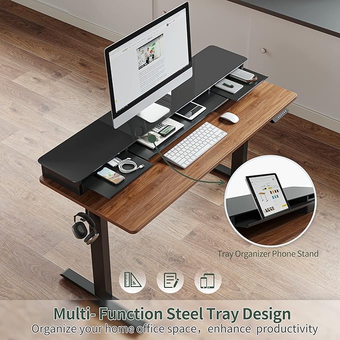 FEZIBO 55 x 24 Inch Height Adjustable Glass Electric Standing Desk with Double Drawer, Stand Up Desk with Storage Shelf, Sit Stand Desk, Black Walnut - LeafyLoom