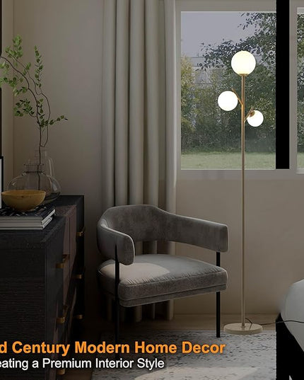 3 Globe Mid Modern Floor Lamp with Orb Frosted Glass Globe and 3000K Warm Light LED Bulbs, Cute Standing Tree Lamp for Living Room, Bedroom, Home & Office - Grey - LeafyLoom