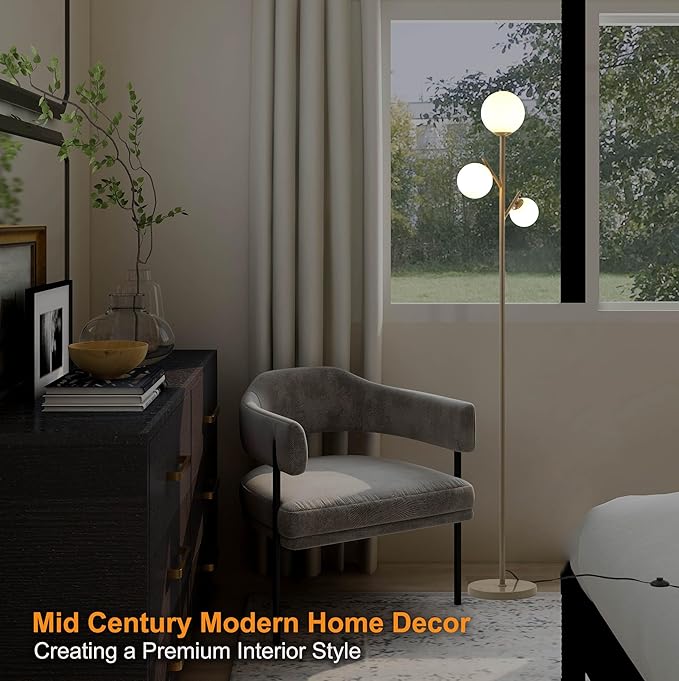 3 Globe Mid Modern Floor Lamp with Orb Frosted Glass Globe and 3000K Warm Light LED Bulbs, Cute Standing Tree Lamp for Living Room, Bedroom, Home & Office - Grey - LeafyLoom