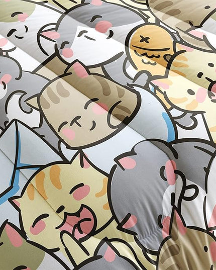 Kawaii Cat Comforter King Size,Cute Cat Comforter Set for Kids Teens Girls,3Pcs Bedding Set Printed Comforter with 2 Pillowcases,Down Alternative,Soft and Lightweight，King Size - LeafyLoom