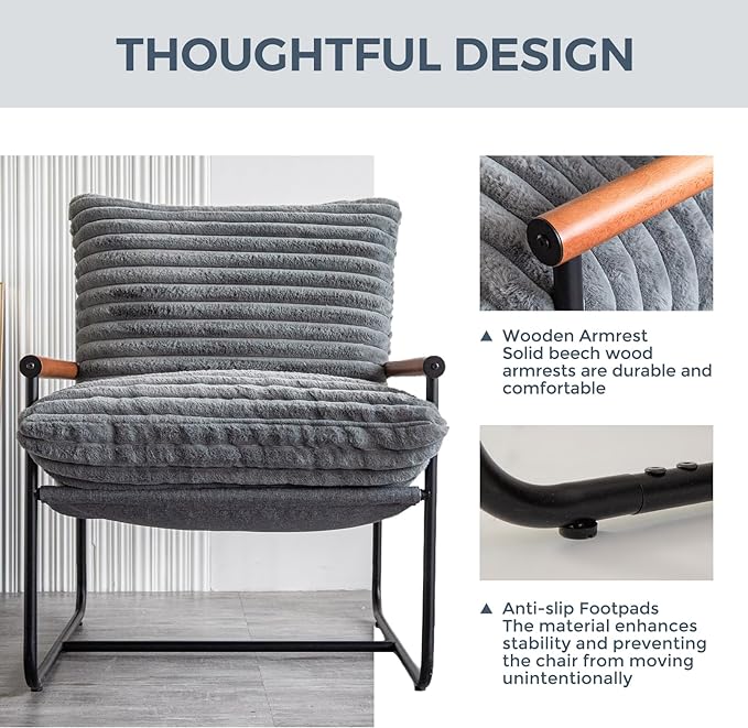 MAXYOYO Accent Chair, Sherpa Arm Chair for Living Room, Mid Century Modern Accent Chairs, Boucle Reading Bedroom Chair, Teddy Armchair, Wooden Arms Metal Frame - LeafyLoom