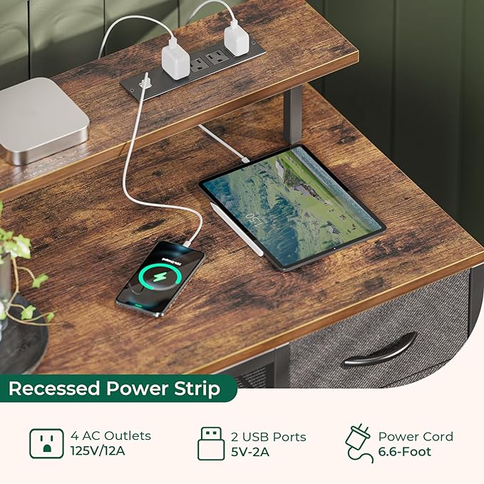 47 inch Computer Desk with 4 Drawers, Gaming Desk with LED Lights & Power Outlets, Home Office Desk with Large Storage Space for Bedroom, Work from Home, Rustic Brown - LeafyLoom