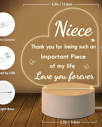 Niece Gifts, Niece Gifts from Aunt Uncle, Acrylic Night Light - Birthday Gifts for Niece, Christmas Graduation Gifts for Niece - LeafyLoom