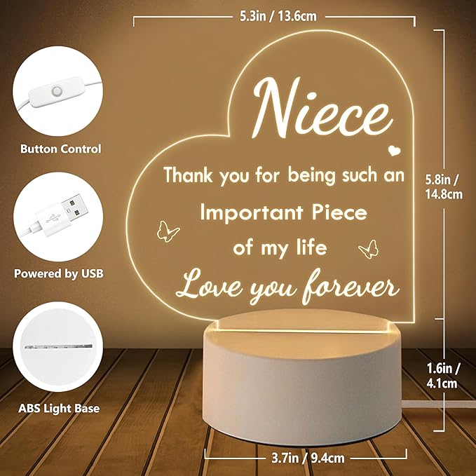 Niece Gifts, Niece Gifts from Aunt Uncle, Acrylic Night Light - Birthday Gifts for Niece, Christmas Graduation Gifts for Niece - LeafyLoom