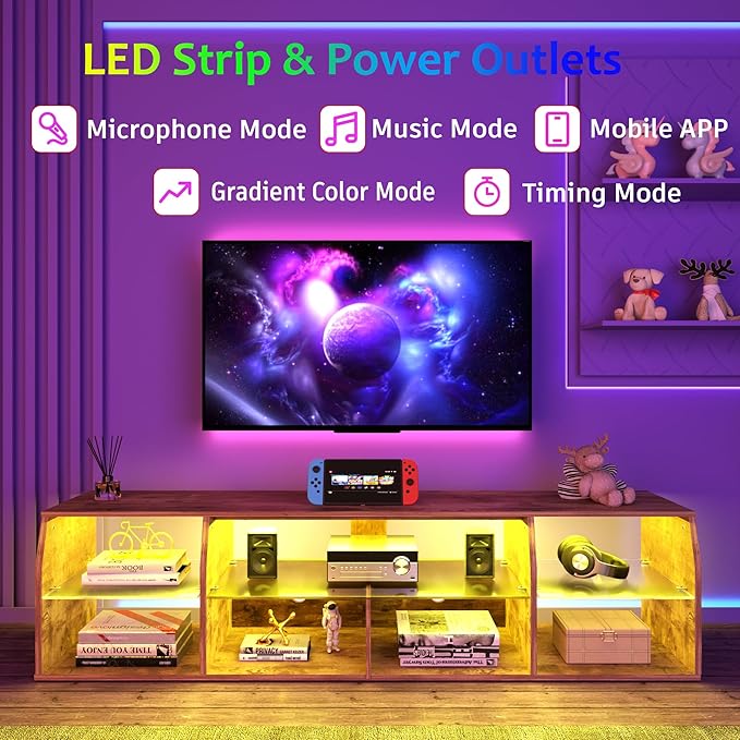 VECELO LED TV Stands Power Outlets, Entertainment Center with Glass Shelves, 7 Open Storage, Modern Television Cabinet for Living Room Bedroom, Light Brown, 65inch - LeafyLoom