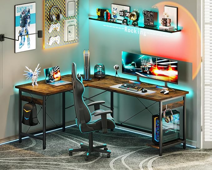 Coleshome 59" L Shaped Gaming Desk, Corner Computer Sturdy Home Office Table, Writing Larger Workstation, Vintage - LeafyLoom