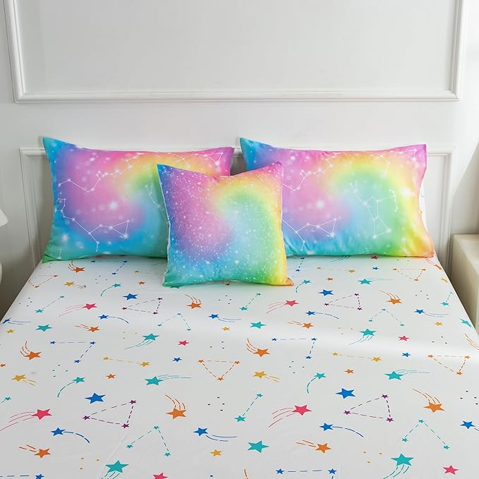 Btargot 6 Piece Tie Dye Constellation Comforter Set Bed in A Bag, Galaxy Rainbow Stars Pattern Bedding Set for Boys Girls Teen, Queen Multi - LeafyLoom