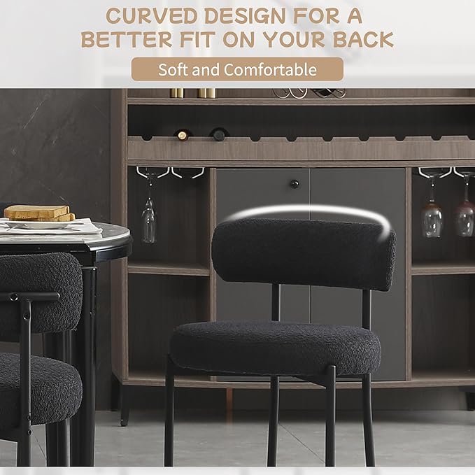 Dining Chairs Set of 6, Boucle Dining Room Chairs Modern Mid-Century Kitchen Chairs Curved Backrest Upholstered Chairs for Dining Room Black Metal Legs, Black - LeafyLoom