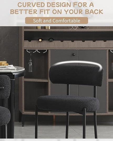 Black Dining Chairs Set of 4 Round Upholstered Boucle Dining Room Chairs Mid-Century Modern Kitchen Chairs Curved Backrest Chairs for Dining Room Black Metal Legs - LeafyLoom
