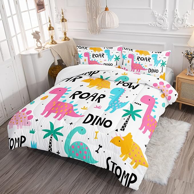 Axolotl Girls Bedding Cartoon Dinosaur Comforter Set Twin Size,Cute Dinosaur Bedding Set for Girls Teens Kids Boys Adults Room Decor,Kids Comforter Set All Season,1 Quilt 2 Pillow Cases,White - LeafyLoom