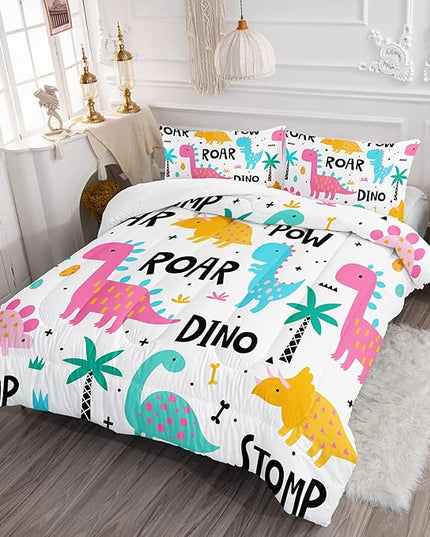 Axolotl Girls Bedding Cartoon Dinosaur Comforter Set Queen Size,Cute Dinosaur Bedding Set for Girls Teens Kids Boys Adults Room Decor,Kids Comforter Set All Season,1 Quilt 2 Pillow Cases,White - LeafyLoom