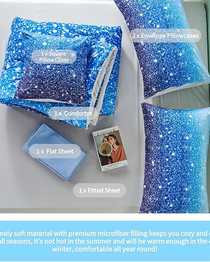 RYNGHIPY 6Pcs Gradient Aqua Blue Navy Ombre Comforter Sets with Sheets Pillowcases, Full Size Sparkle Glitter Design Comforter Bedding Collections for Kids Boys and Girls - LeafyLoom