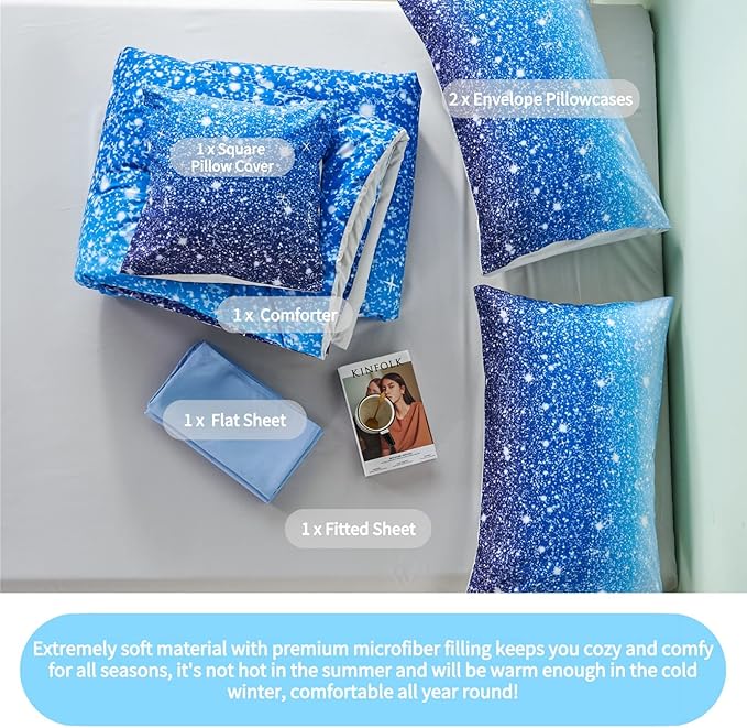 RYNGHIPY 6Pcs Gradient Aqua Blue Navy Ombre Comforter Sets with Sheets Pillowcases, Full Size Sparkle Glitter Design Comforter Bedding Collections for Kids Boys and Girls - LeafyLoom