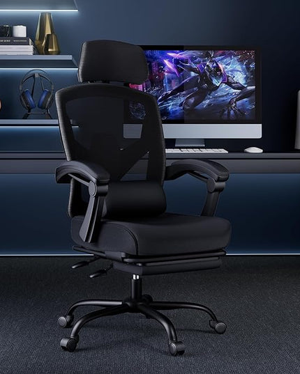 MCQ Office Computer Desk Chair, Gaming Chairs for Adults, High-Back Mesh Rolling Swivel Reclining Chairs with Wheels, Comfortable Lumbar Support, Comfy Arms for Home, Office, Gaming, Student, Black - LeafyLoom