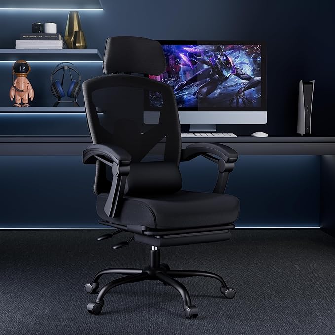MCQ Office Computer Desk Chair, Gaming Chairs for Adults, High-Back Mesh Rolling Swivel Reclining Chairs with Wheels, Comfortable Lumbar Support, Comfy Arms for Home, Office, Gaming, Student, Black - LeafyLoom