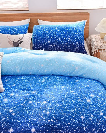 Holawakaka Kids Space Star Galaxy Bedding Comforter Set Twin/Twin XL Size Boys Girls Blue Indigo Ombre Print Gradient Glitter Stars Bed Sets (Blue, Twin) - LeafyLoom