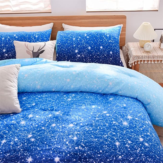 Holawakaka Kids Space Star Galaxy Bedding Comforter Set Twin/Twin XL Size Boys Girls Blue Indigo Ombre Print Gradient Glitter Stars Bed Sets (Blue, Twin) - LeafyLoom