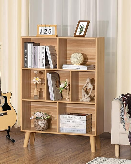 LEYAOYAO Wooden 7 Cube Book Shelf, Natural 3 Tier Bookshelf with Legs, Modern Open Storage Organizer,Boho Bookcase,Display Cabinet Shelf Free Standing Bookshelves for Bedroom,Living Room,Office - LeafyLoom