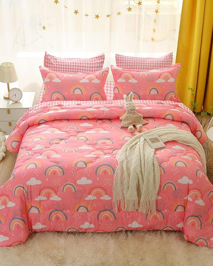 Kids Rainbow Comforter Set for Girls Teens Full Size 7 Piece Cloud Sun Pink Bedding Set 3D Cute Cartoon Love Hearts Bed in a Bag - LeafyLoom