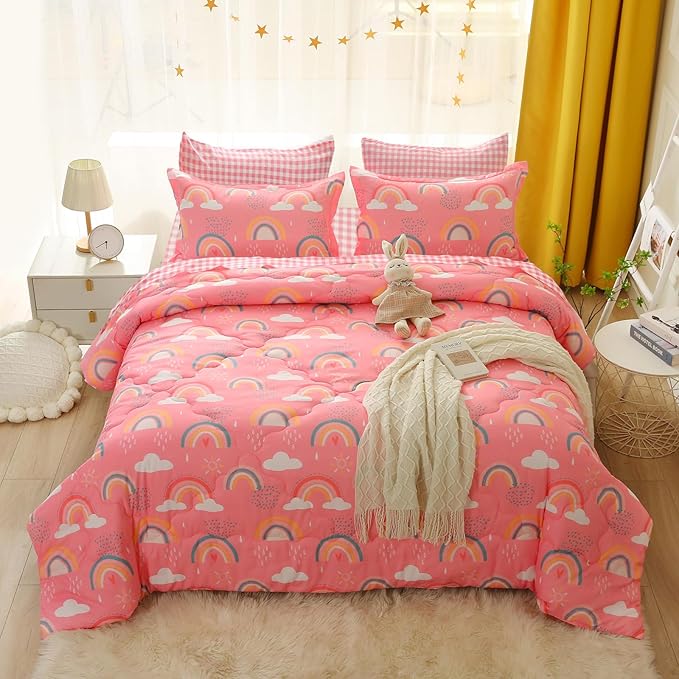 Kids Rainbow Comforter Set for Girls Teens Full Size 7 Piece Cloud Sun Pink Bedding Set 3D Cute Cartoon Love Hearts Bed in a Bag - LeafyLoom