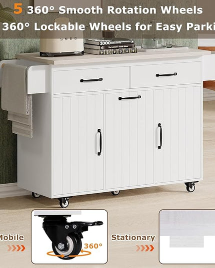 51.06 Inch Rolling Kitchen Cart with Trash Can Storage Cabinet & Drop Leaf, Portable Mobile Islands Table w/Adjustable Shelf, Spice, Towel Rack and Drawers, for Dining Room, White - LeafyLoom