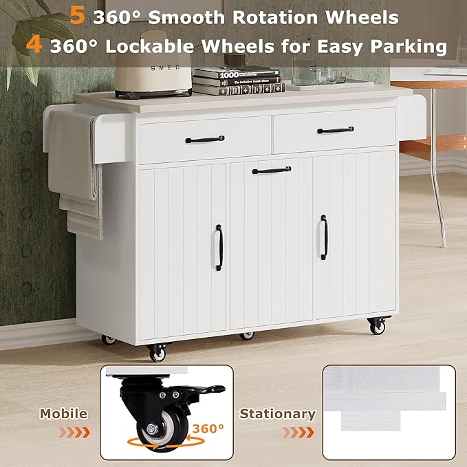 51.06 Inch Rolling Kitchen Cart with Trash Can Storage Cabinet & Drop Leaf, Portable Mobile Islands Table w/Adjustable Shelf, Spice, Towel Rack and Drawers, for Dining Room, White - LeafyLoom