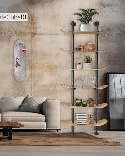 Industrial Shelves - 6 Tier Industrial Decor Pipe Bookcase Using 7 Ply Skateboard Decks - Natural Wood Stain Finish - Bathroom Wall Decor, Living Room Furniture, Book Shelf for Skateboard Enthusiasts - LeafyLoom