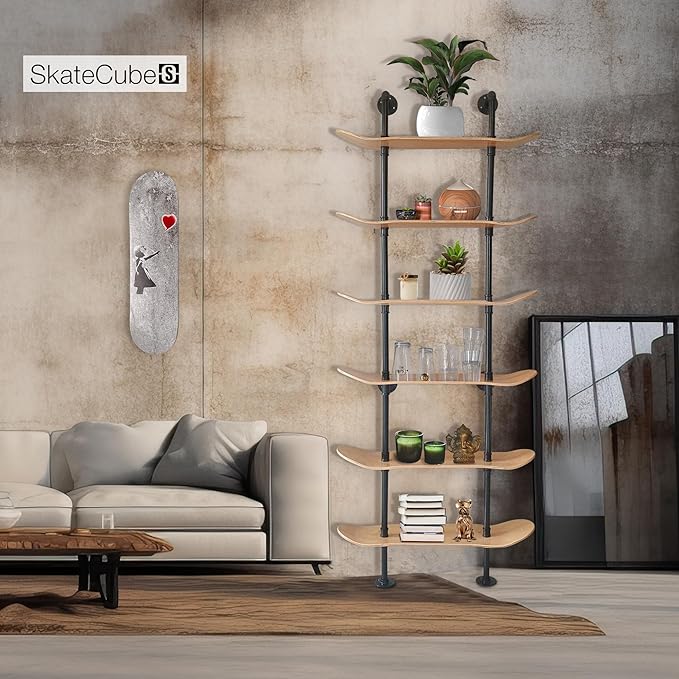 Industrial Shelves - 6 Tier Industrial Decor Pipe Bookcase Using 7 Ply Skateboard Decks - Natural Wood Stain Finish - Bathroom Wall Decor, Living Room Furniture, Book Shelf for Skateboard Enthusiasts - LeafyLoom
