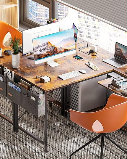 ODK 40 Inch Small L Shaped Gaming Computer Desk with Power Outlets, Reversible Storage Shelves & PC Stand, Modern Simple Writing Study Table with Storage Bag for Small Space, Vintage - LeafyLoom