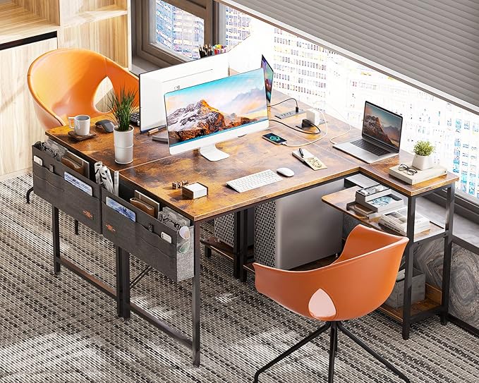 ODK 40 Inch Small L Shaped Gaming Computer Desk with Power Outlets, Reversible Storage Shelves & PC Stand, Modern Simple Writing Study Table with Storage Bag for Small Space, Vintage - LeafyLoom