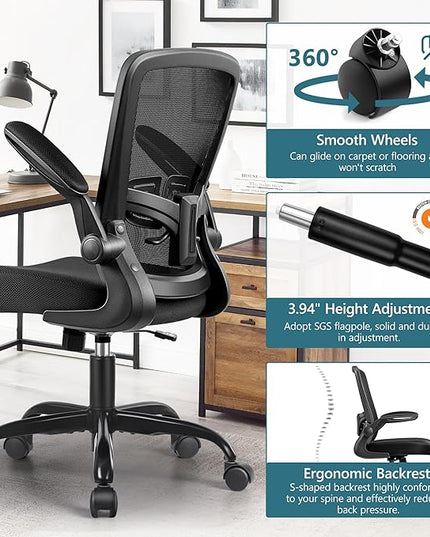 MINLOVE Office Chair Ergonomic Desk Chair with Adjustable Lumbar Support and Height, 90° Flip-up Armrests, Ergo Desk Chairs with Wheels, 360° Swivel Mesh Chair, Home Work Use (Black) - LeafyLoom