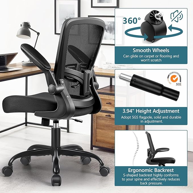 MINLOVE Office Chair Ergonomic Desk Chair with Adjustable Lumbar Support and Height, 90° Flip-up Armrests, Ergo Desk Chairs with Wheels, 360° Swivel Mesh Chair, Home Work Use (Black) - LeafyLoom