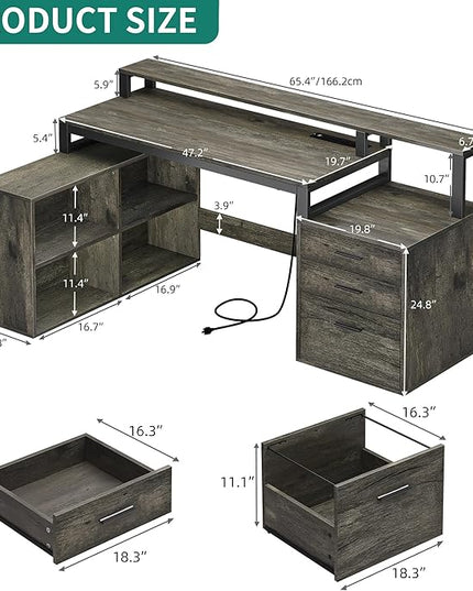 YITAHOME L Shaped Desk with 3 Drawers, 65" Corner Computer Desk with Power Outlets & LED Lights, L-Shaped Desk with File Cabinet & Printer Stand for Home Office, Grey - LeafyLoom