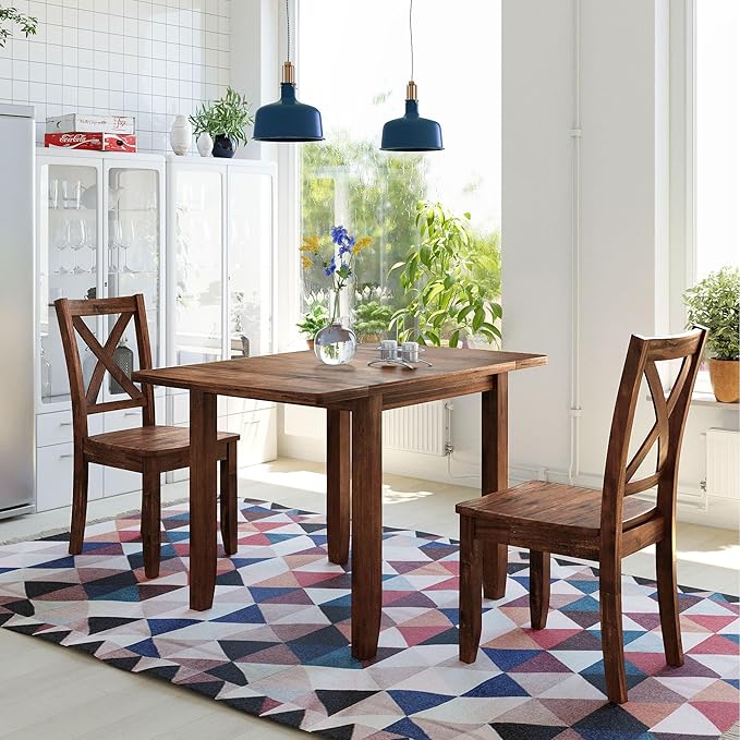 Farmhouse Style Wood Breakfast Nook 2 X-Back Chairs, Extendable Drop Leaf Design & Easy Assembly, Room, Kitchen, 3 Piece Dining Table Set, Brown 27 - LeafyLoom