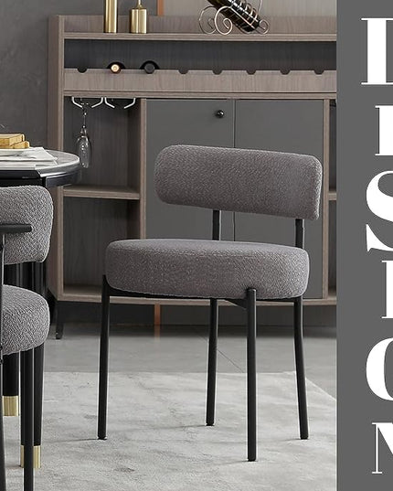 DYHOME Dark Grey Dining Chairs Set of 2, Mid-Century Modern Dining Chairs, Kitchen Dining Room Chairs, Curved Backrest Round Upholstered Boucle Sherpa Dining Chair with Black Metal Legs - LeafyLoom