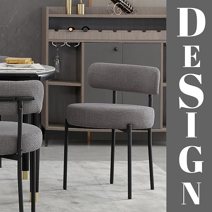 DYHOME Dark Grey Dining Chairs Set of 2, Mid-Century Modern Dining Chairs, Kitchen Dining Room Chairs, Curved Backrest Round Upholstered Boucle Sherpa Dining Chair with Black Metal Legs - LeafyLoom
