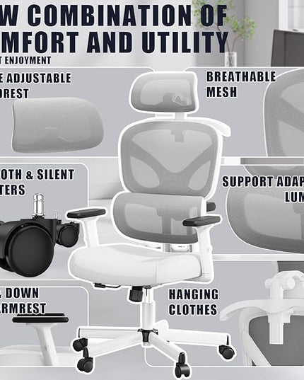 Office Chair, Ergonomic Desk Chair, High Back Desk Chair, Big and Tall Reclining Comfy Home Office Chair with Lumbar Support Breathable Mesh Computer Chair Adjustable Armrests - LeafyLoom
