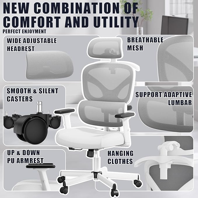 Office Chair, Ergonomic Desk Chair, High Back Desk Chair, Big and Tall Reclining Comfy Home Office Chair with Lumbar Support Breathable Mesh Computer Chair Adjustable Armrests - LeafyLoom