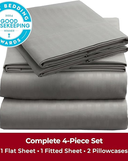 Mellanni Full Sheets Set - 4 PC Iconic Collection Bedding Sheets & Pillowcases - Hotel Luxury, Extra Soft, Cooling Bed Sheets - Deep Pocket up to 16 inch (Full, Striped Gray/Silver) - LeafyLoom