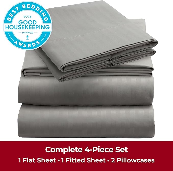 Mellanni Full Sheets Set - 4 PC Iconic Collection Bedding Sheets & Pillowcases - Hotel Luxury, Extra Soft, Cooling Bed Sheets - Deep Pocket up to 16 inch (Full, Striped Gray/Silver) - LeafyLoom