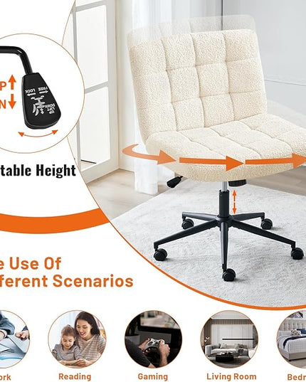 Furniliving Wide Desk Chair, Faux Fur Upholstered Office Chair with Wheels, Adjustable Accent Chair with Thicken Seat, Computer Chair for Living Room, Study Room, Home Office, IvoryWhite - LeafyLoom