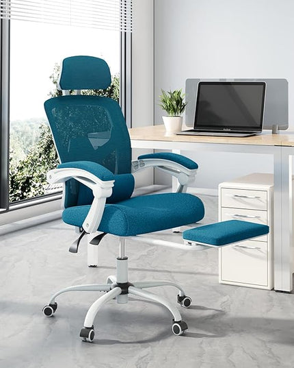 edx Ergonomic Office Chair, Reclining High Back Mesh Chair, Computer Desk Chair, Swivel Rolling Home Task Chair with Lumbar Support Pillow, Adjustable Headrest, Retractable Footrest and Armrests - LeafyLoom