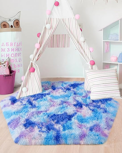 junovo Ultra Soft Hexagon Rug Fluffy Rainbow Nursery Rug for Princess Tent Kids Play Castle, Furry Hexagonal Carpet for Kids Girls Room Playhouse Classroom Dorm Home Decor, 4.6ft Tie-Dye Blue-Purple - LeafyLoom
