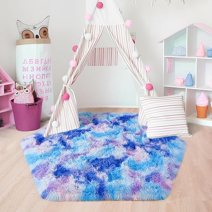 junovo Ultra Soft Hexagon Rug Fluffy Rainbow Nursery Rug for Princess Tent Kids Play Castle, Furry Hexagonal Carpet for Kids Girls Room Playhouse Classroom Dorm Home Decor, 4.6ft Tie-Dye Blue-Purple - LeafyLoom
